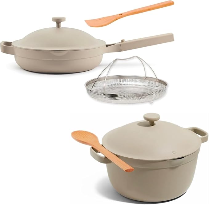 Our Place Cookware Duo | 7-Piece Ceramic Cookware Set with 10.5" Always Pan 2.0, 5.5 Qt Perfect Pot & Strainer Basket | Induction & Oven Safe up to 450째F | Nonstick, Non-Toxic Cookware | Steam