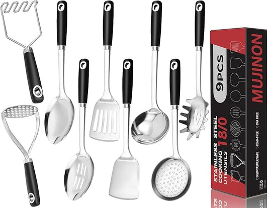 18/0 Stainless Steel Cooking Utensils Set, Heavy Duty Kitchen Utensils for Daily Use Party Wedding Housewarming, Dishwasher Safe, 9 Pieces