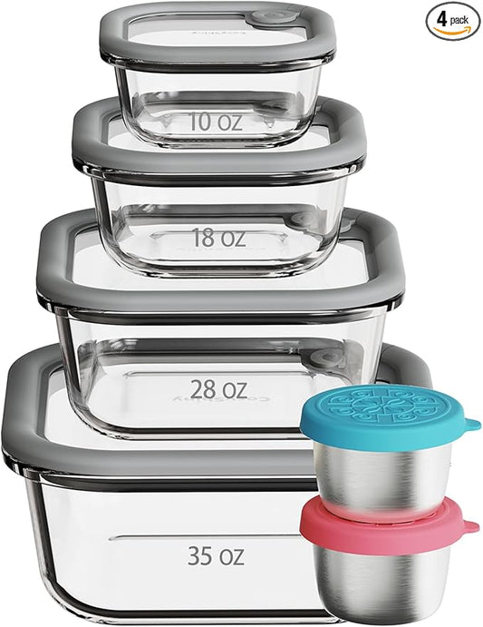 Glass Food Storage Containers with Silicone Glass Lids, 304 Stainless Steel Salad Dressing Containers, Microwave-safe LeakProof Food Containers Set, 100% Plastic Free-4-pack（Grey）