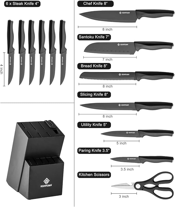 Knife Set, KUNYUAN 15 pieces Knife Sets for Kitchen,High Carbon German Stainless Steel Knife Block Set with Built in Sharpener Block,Dishwasher Safe Kitchen Knife Set, Black