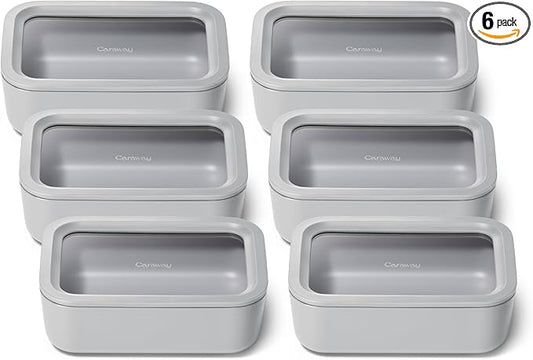 Caraway 6pc Glass Food Storage Set ??6.6 Cup Food Containers (6) - Ceramic Coated - Non Toxic, Non Stick with Lids - Microwave Safe - Gray