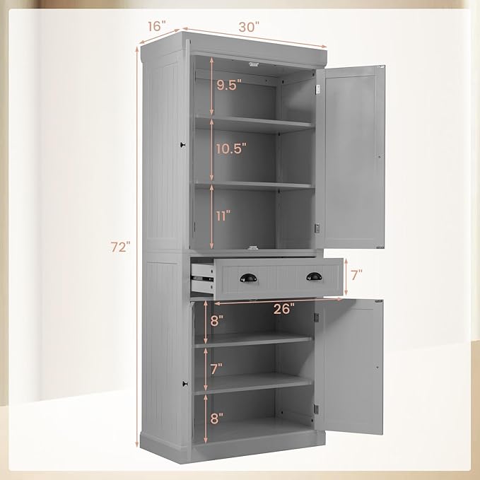 DORTALA 72??Tall Kitchen Pantry Cabinet, Wood Storage Cupboard w/ 4 Adjustable Shelves, 2 Cabinets & Drawer, Utility Freestanding Storage Cabinet for Kitchen, Hallway, Living Room, Grey