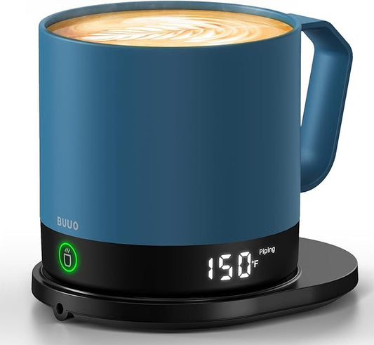 Heated Coffee Mug Rechargeable - Temperature Control Self Heating Coffee Mug 14oz with Lid, Double Sided & Real-Time LED Display, Hot up to 150?? Birthday Gifts for Women and Men(Blue)