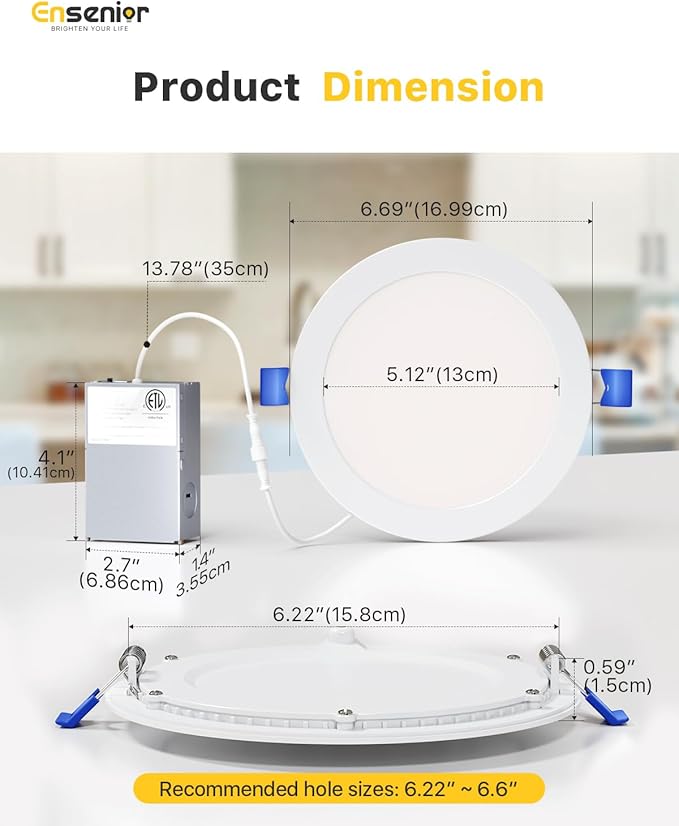 Ensenior 4 Pack 6 Inch LED Recessed Light, Dimmable, 5000K Daylight, 1200LM High Brightness, 12W 120V, 2 Pin, ERL-12X-ETL, Damp Rated, Ultra-Thin Canless Wafer Ceiling Light - ETL & FCC & IC