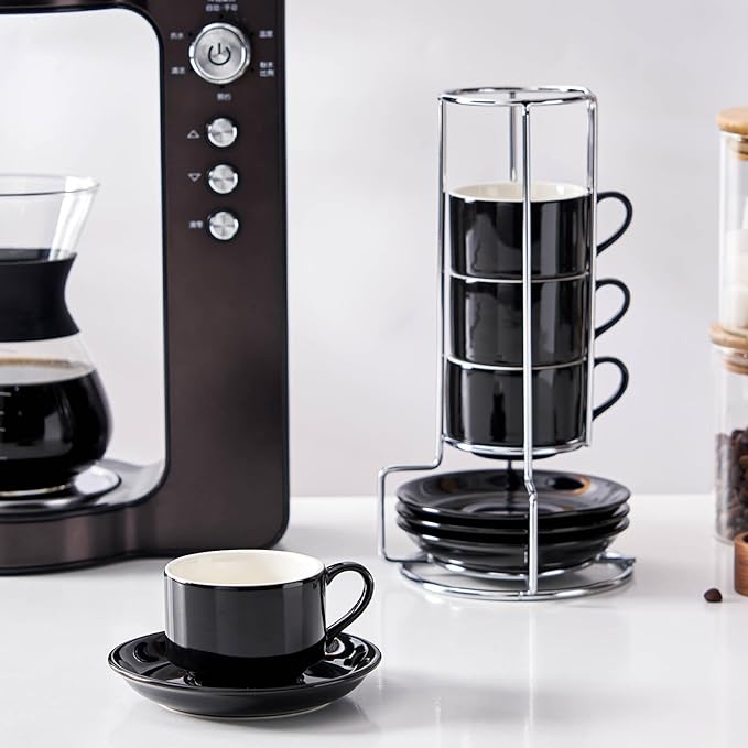 2.5oz Espresso Cups Set of 4, Small Stackable Coffee Cups with Saucers and Metal Stand, Ceramic Demitasse Cups, Cappuccino Cups for Coffee Drinks, Latte, Black