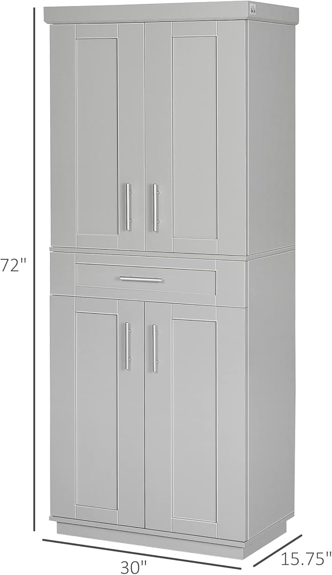 HOMCOM 72" Kitchen Pantry Cabinet, Freestanding Tall Storage Cabinet with 4 Doors, Drawer and 3 Adjustable Shelves for Dining Room, Gray