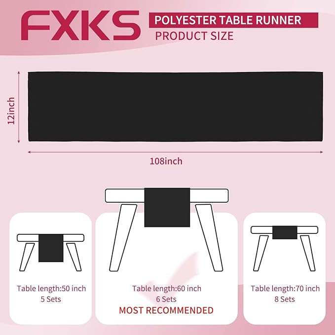 12 Pack Black Table Runner 12 x 108 Inch Long Rustic Farmhouse Wedding Fall Table Runner,Washable and Reusable Polyester Table Runners for Wedding Birthday Party Banquet Table Decorations