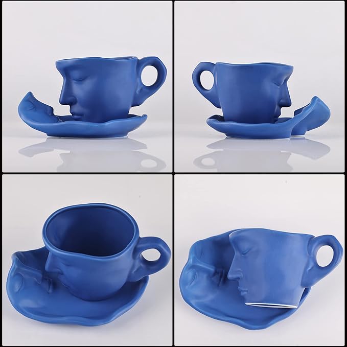 oliruim Blue Coffee Cup and Saucer Set - Ceramic Unique Kissing 8.5 oz Coffee Mug Set with Spoon, Face Coffee Cup and Saucer for Valentine, Wedding, Anniversary Decor (Blue)