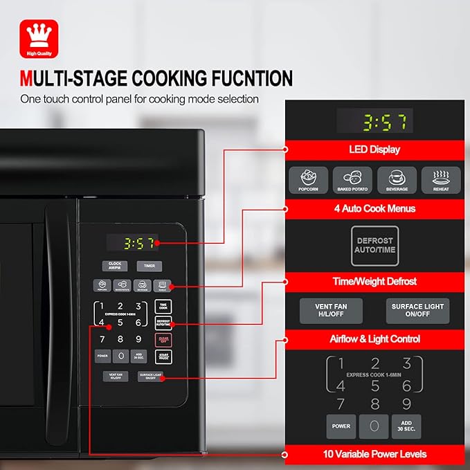 GASLAND 1.7 Cu.ft. Over the Stove Microwave, 30 Inch Over the Range Microwave with 10 Power Levels, One Touch Cooking, 300 CFM,1000W, LED, Turntable, Sensor Cook, Over The Stove Microwave Oven, Black