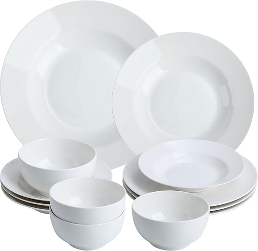 ArtClayz Elegant 12-Piece Bone China Dinnerware Set, Service for 4, White Porcelain Plates & Bowls, Chip Resistant, Dishwasher and Microwave Safe