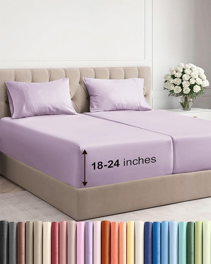 Extra Deep Pocket Split King Sheets - 5 Piece Breathable & Cooling Bed Sheets - Hotel Luxury Bed Sheet Set - Soft, Wrinkle Free & Comfy - Easily Fits Extra Deep Mattresses - Light Lavender Sheets Set