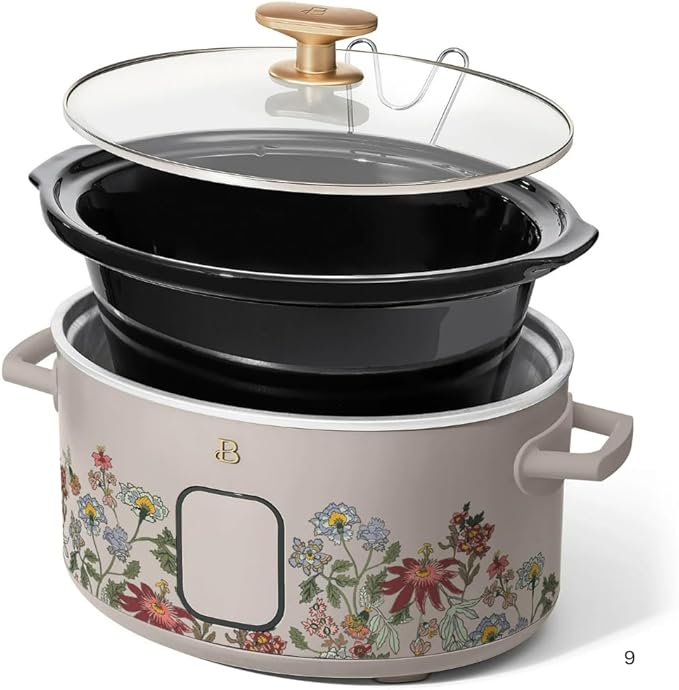Beautiful 6 Quart Programmable Slow Cooker by Drew Barrymore ??Large Capacity, Ceramic Removable Pot, Tempered Glass Lid, Dishwasher Safe, Auto Keep Warm (Wildflower Porcini Taupe)