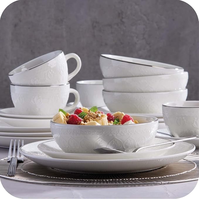 Corona 20?뱎iece Silver-Rim Elegant Embossed Floral Pattern Ceramic Dinnerware Sets, Plates Bowls and Cups, Service For 4, Harmony