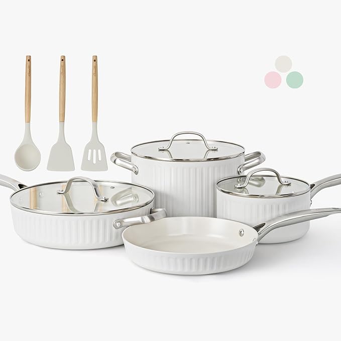 10Pcs Nonstick Cookware Set, Ciwete Tri-Ply Ceramics Cookware Set, Kitchen Pots and Pans with Stay Cool Ergonomic Handle, Dishwasher Safe, Oven Safe, Gift, Compatible with All Stovetop, White