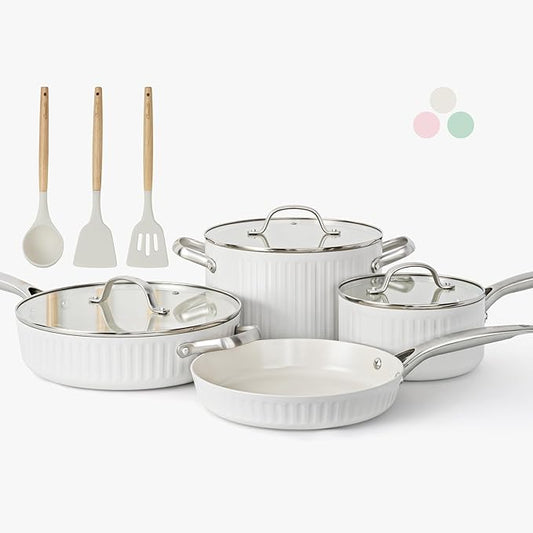 10Pcs Nonstick Cookware Set, Ciwete Tri-Ply Ceramics Cookware Set, Kitchen Pots and Pans with Stay Cool Ergonomic Handle, Dishwasher Safe, Oven Safe, Gift, Compatible with All Stovetop, White