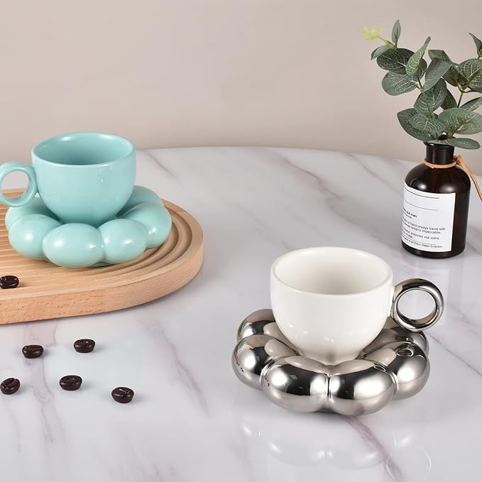 Koythin Ceramic Coffee Mug with Saucer Set, Creative Cute Cup with Sunflower Coaster for Office and Home, 6.5 oz/200 ml for Tea Latte Milk (Electroplating White and Silver)