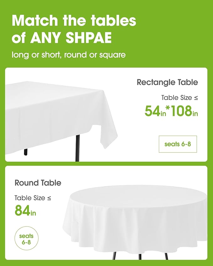 Pureegg Plastic Table Cloth Disposable 12 Pack, 84'' Round Table Cloths, Party, Picnic, Wedding, Decorative Tablecloths, Round, White Plastic Cover, Leakproof & Sturdy, White