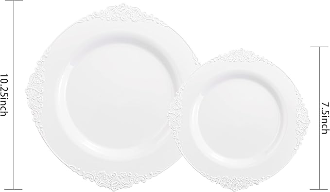 Morejoy 100PCS White Plastic Plates竊똚hite Disposable Plates竊똈nclude 50 Pieces 10.25 Inch Dinner Plates & 50Pieces 7.5 Inch Dessert Plates,Perfect for Weddings & Party