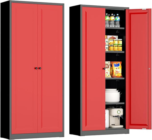 INTERGRAET Kitchen Pantry Cabinet, 63" Tall Metal Pantry Storage Cabinets with 2 Doors and 4 Shelves, Black Red Metal Storage Cabinet,Cupboard for Home,Kitchen,Living Room/Dining