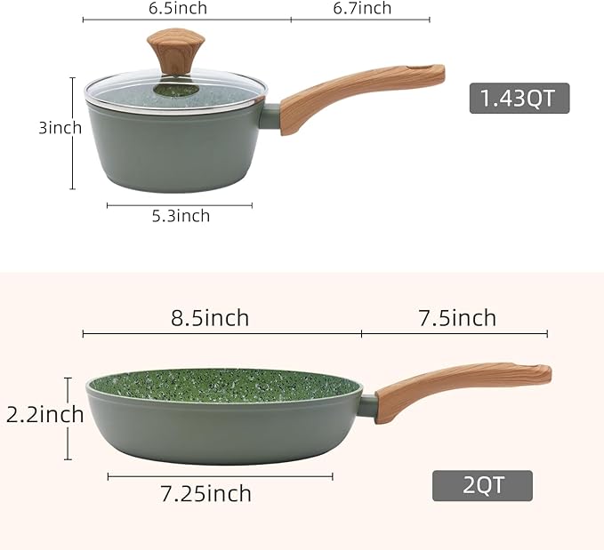 2-Piece Nonstick Cookware Set, 8.5 Inch Frying Pan & 1.43QT Saucepan with Lid | PFAS & PFOA Free Non-Toxic Coating | Induction Compatible, Dishwasher Safe | Pots and Pans Set for Beginner Kitchen