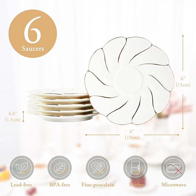 DUJUST 6 pcs Porcelain Tea Saucer, 6 inch, Luxury British Style Tea/Coffee Cup Saucer with Golden Trim, Beautiful for Living Room Decor, Party Set, Gift Package - White