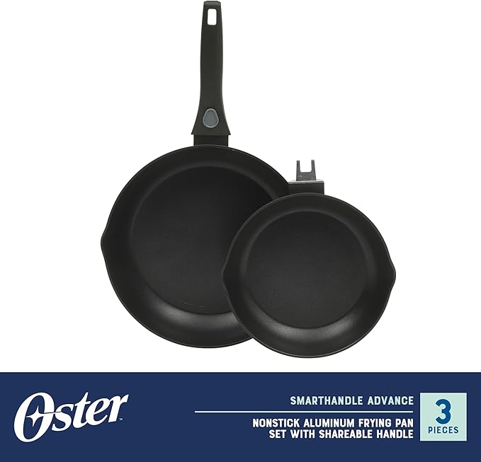 Oster SmartHandle 2-Piece Fry Pan Set, 11-Inch & 9-Inch Nonstick Skillets with Removable Handle ??Oven & Dishwasher Safe, Space-Saving Cookware
