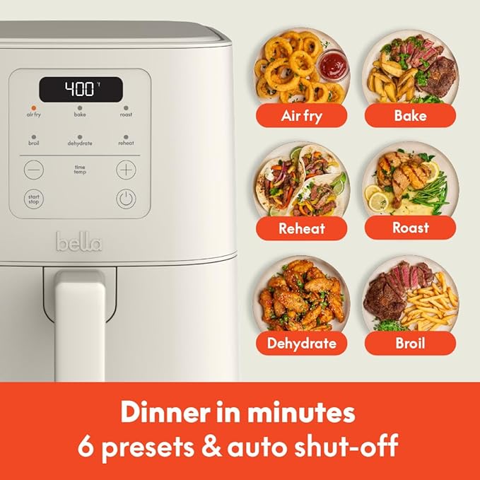 bella 4Qt Slim Air Fryer, Fits-anywhere??Kitchenware, EverGood??Ceramic Nonstick Coating, Adjustable Temperature, 6 Preset Cooking Options, 60 Min Auto Shutoff w Audible Tone, 3.3lb Capacity, Oatmilk
