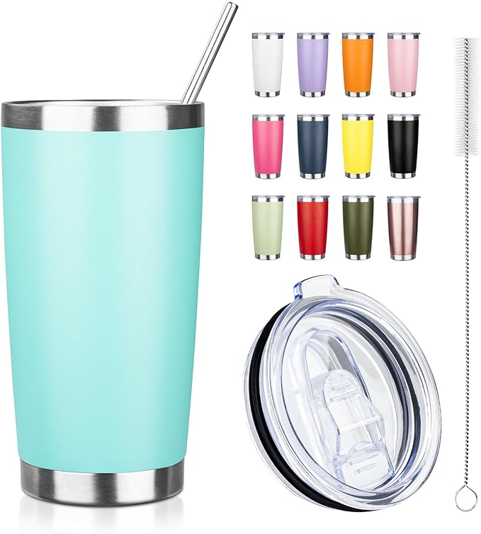 ATIKZHE 20oz Tumbler with Straw and Brush, Stainless Steel Vacuum Insulated tumbler, Double Wall Insulated Coffee Tumbler for Outdoor, Home, Travel,Office (Light Green,1pcs)