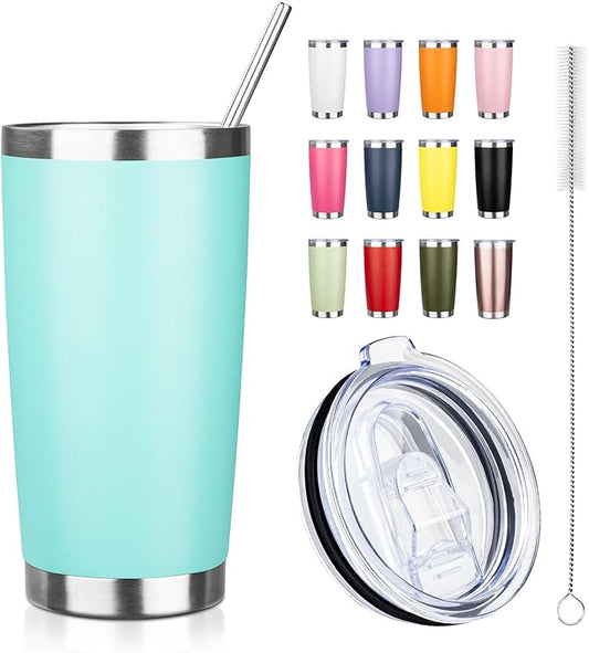 ATIKZHE 20oz Tumbler with Straw and Brush, Stainless Steel Vacuum Insulated tumbler, Double Wall Insulated Coffee Tumbler for Outdoor, Home, Travel,Office (Light Green,1pcs)