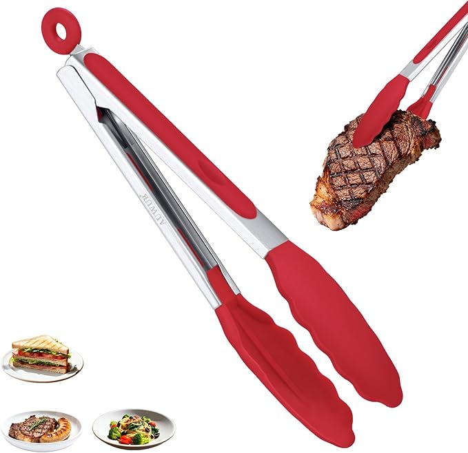 Salad Tongs, 7/9/12/16 Inch Silicone Food Tongs with 304 Stainless Steel Core, Easy-Grip, in Pistachio, Black, Blue, Orange, Red (Red, 9inch)