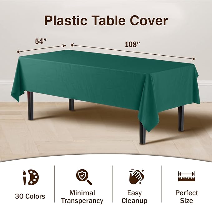 Party Solids 6-Pack Premium Plastic Tablecloth 54in. x 108in. Rectangle Plastic Table Cover - Dark Green