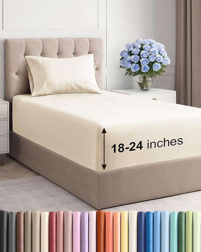 Extra Deep Pocket Twin Sheets - 3 Piece Breathable & Cooling Bed Sheets - Hotel Luxury Bed Sheet Set - Soft, Wrinkle Free & Comfy - Easily Fits Extra Deep Mattresses - Deep Pocket Off White Sheets Set