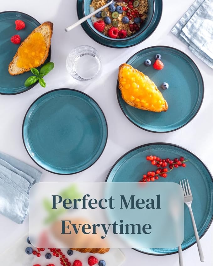 Stoneware dinnerware set 4 persons 12 pcs ??Modern style plates and bowls set ceramic ??Dishwasher safe and scratch resistant ??Bowl and plate set ??Dinner service Pure Living black & petrol blue