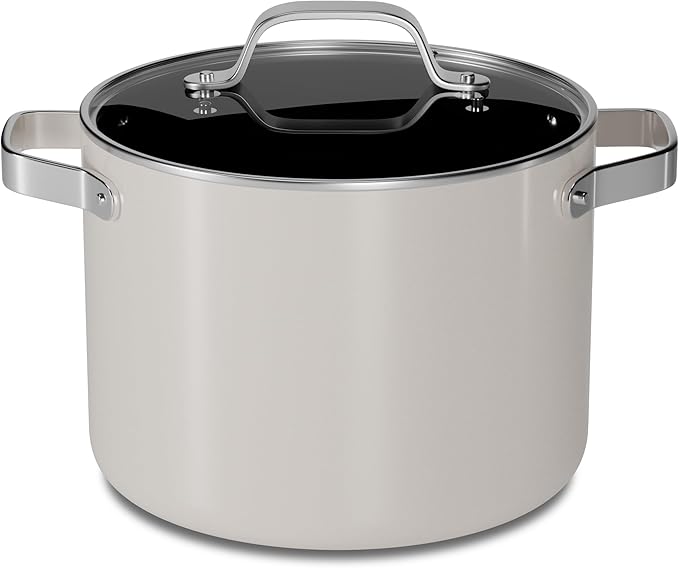 Bakken 5 Quart Ceramic Coated Stock Pot with Lid, Easy to Clean Nonstick Pot, Tempered Glass Lid, Riveted Stainless Steel Handles, Oven Safe Up To 500째F, PTFE & PFAS Free, All Stove Compatible, Cream