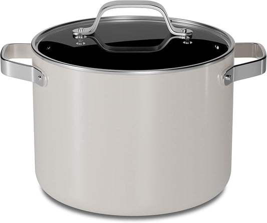 Bakken 5 Quart Ceramic Coated Stock Pot with Lid, Easy to Clean Nonstick Pot, Tempered Glass Lid, Riveted Stainless Steel Handles, Oven Safe Up To 500째F, PTFE & PFAS Free, All Stove Compatible, Cream