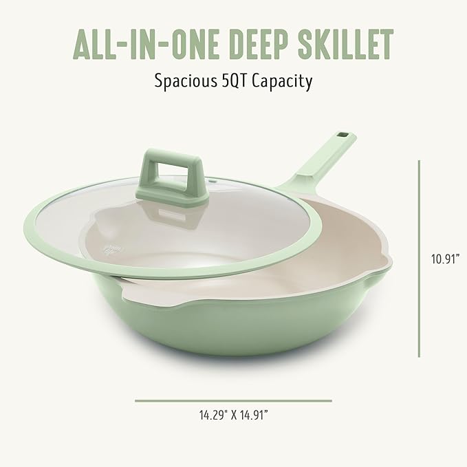 GreenLife Nonstick 12??(5QT) All in One Deep Skillet Wok with Lid, PFAS-Free Non-Toxic Ceramic Multi-Purpose Pan, Induction, All Stovetop, Egg, Stir Fry, Saute, Stay Cool Handle, Sage Green