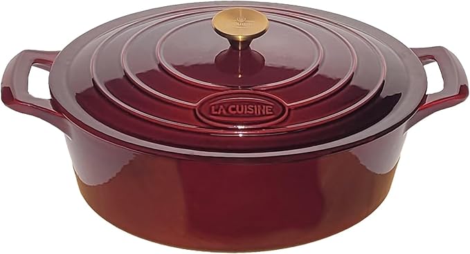 La Cuisine Enameled Cast Iron Oval Dutch Oven Casserole Dish Pot with Lid 6.75 QT Internal Matte Black Enamel Coating for bread baking, Gold-Plated Stainless Steel Lid Handle, Oven Safe up to 500째 F. Cranberry