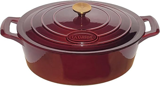 La Cuisine Enameled Cast Iron Oval Dutch Oven Casserole Dish Pot with Lid 6.75 QT Internal Matte Black Enamel Coating for bread baking, Gold-Plated Stainless Steel Lid Handle, Oven Safe up to 500째 F. Cranberry