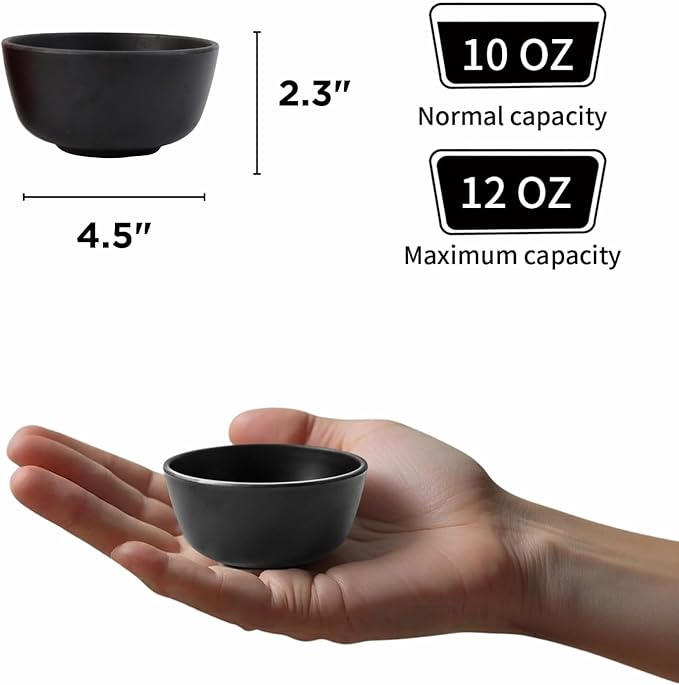 TP 10 Ounce Bowl Set of 6, 4.5??Melamine Bowls for Appetizer Snacks Ice Cream Dipping Sauce Side Dish, Unbreakbale and lightweight, Black