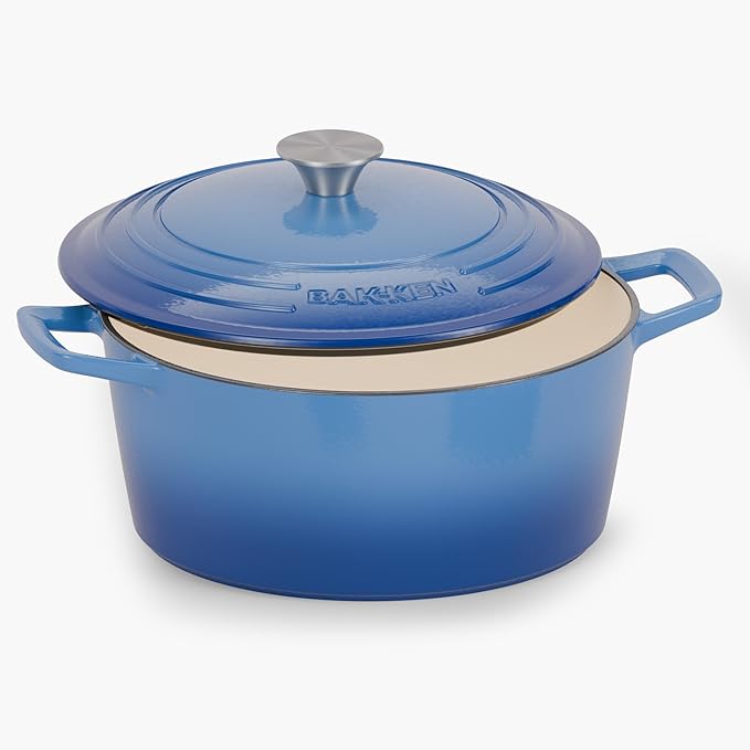 Bakken Enameled Cast Iron Dutch Oven Pot, 6QT Dutch Oven for Bread Baking, Braising & Roasting, Kitchen & Campfire Cooking, Moisture-Locking Lid, Oven Safe Up To 500째F, Works on All Cooktops, Blue