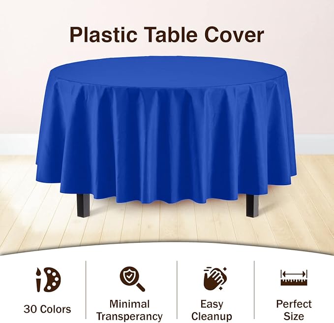 Party Solids 6-Pack Premium Plastic Tablecloth 84in. Round Plastic Table Cover - Dark Blue
