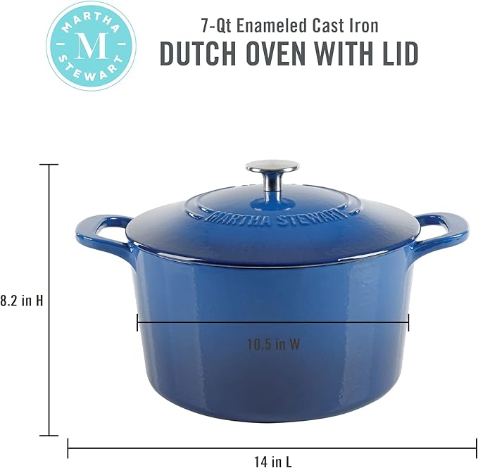 MARTHA STEWART Gatwick 7-Quart Enamel Cast Iron Dutch Oven Pot with Lid ??Classic Blue ??Durable Heavy-Duty Dutch Oven for Slow Cooking, Braising & Baking