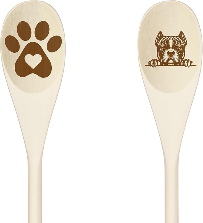 POCKET AMERICAN BULLY Wooden Spoons for Cooking, Serving or Decorative Kitchen Utensils Set Dog Lover Dog Mom/Dad Gift with Peeking Dog Designs, Paw Print and Dog Head, Kitchen Utensils Set of 2