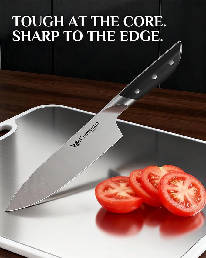 Knife Set - Haugo 14 PCS German Stainless Steel Kitchen Knife Sets with Block and Sharpener - Full Tang Knife Block Set and Ergonomic Handle - Elegant Black- Obsidian Series