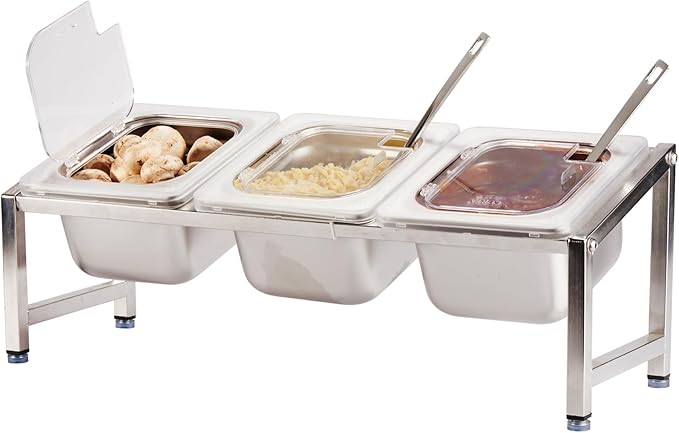 CURTA Commercial Spice Rack Set, NSF Certified, 18/8 Stainless Steel Inclined Organizer Shelf with 3 1/6 4" Pan & 3 Ladles, 13.8"-23.6" Adjustable, Countertop Holder for Seasoning Topping
