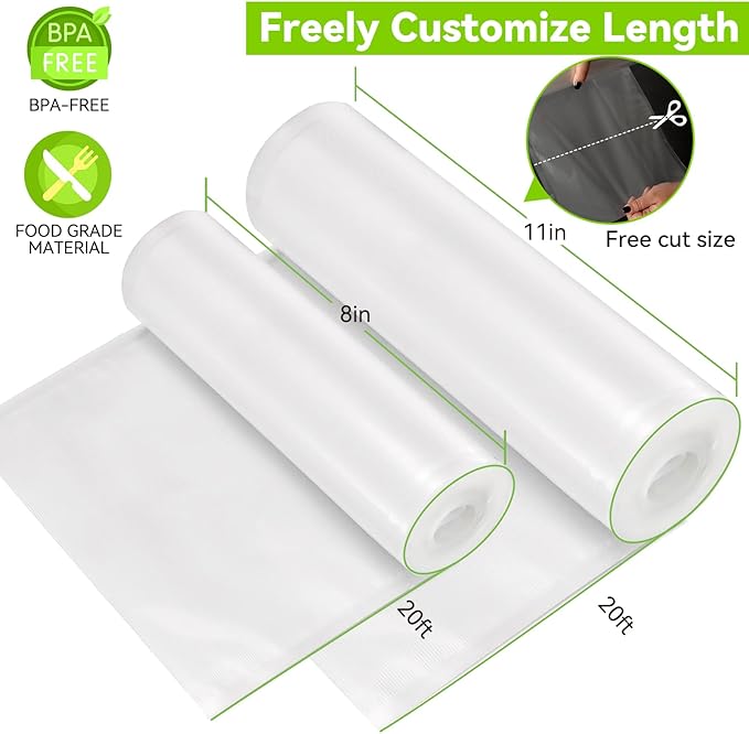 [2 Pack ] Vacuum Sealer Rolls Bags, 2 Rolls 11" x 20' Commercial Grade Food Bag Rolls for Storage Sous Vide, Durable Food Vac Bags for Storage and Sous Vide Cooking, BPA FREE