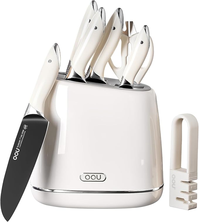 OOU Kitchen Knife Block Set - 15 Pieces High Carbon Stainless Steel Chef Knife Sets, Anti-Rust Black Knives Set with Sharpener竊똚hite