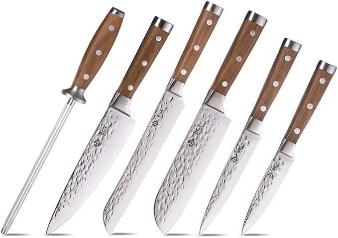 BGT 7 & 8 Inches Japanese 67 Layer High Grade VG-10 Super Damascus Steel Knives, Sharp Professional Hammered Kitchen Knife with Teak Handle (Silver Blade)