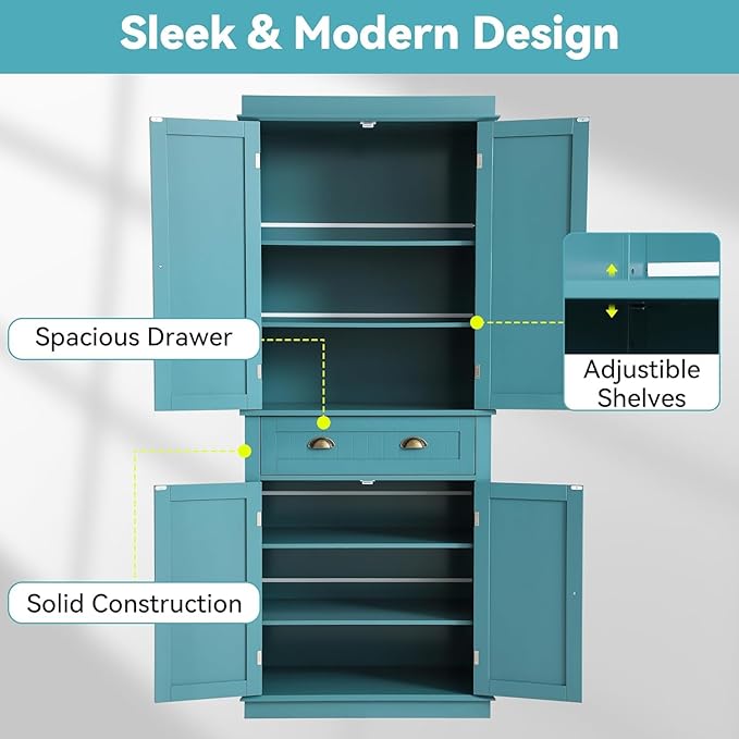 72" Kitchen Pantry Storage Cabinet, Freestanding Cupboard with 2 Cabinets, Drawer and Adjustable Shelves, Tall Storage Cabinet for Kitchen, Dinning Room, Living Room (Lake Blue)