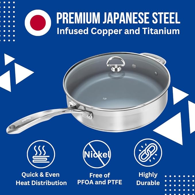 Chantal Induction 21 Steel 5 quart NonStick Saute Pan with Tempered Glass Lid, Ceramic Non Stick, Brushed Stainless Steel